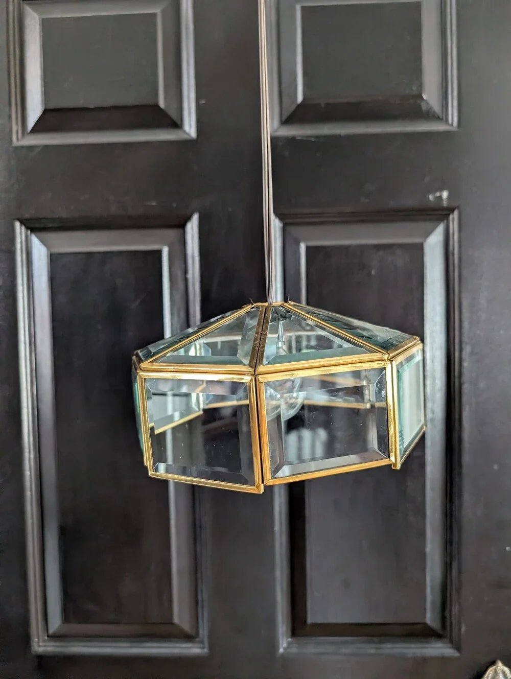 Vintage MCM Small pendant light, hexagonal brass frame, beveled glass, swag